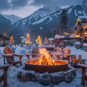 Luxury outdoor fire pit on the snow with mountain chalet background at sunset