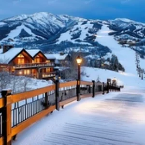 Luxury ski-in ski-out chalet at sunset with illuminated snowy slopes