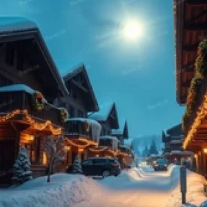 Charming alpine village at night with snow-covered chalets and bright moon