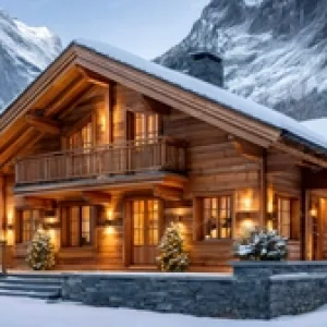 Luxury alpine chalet with warm lights at sunset in a snowy ski resort