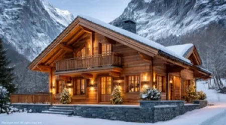 Luxury alpine chalet with warm lights at sunset in a snowy ski resort