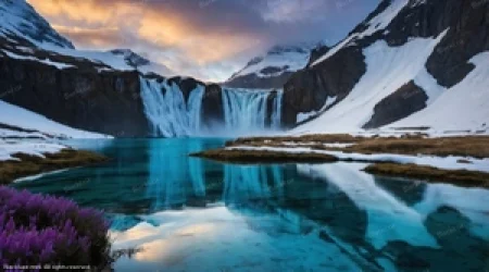 Stunning frozen waterfall and crystal clear alpine lake in the snowy mountains